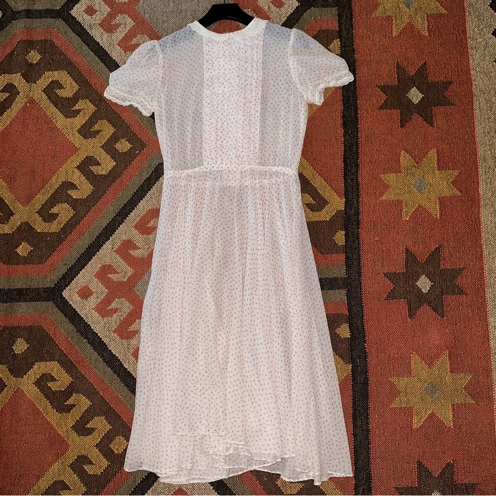 Vintage Sheer Floral Dress with Lace Trim and Pleating in Front
